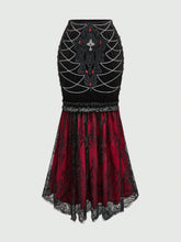 ROMWE Goth Dark Gothic Retro Palace Style Color-Blocking Lace Fitted Mermaid Velvet Skirt For Women